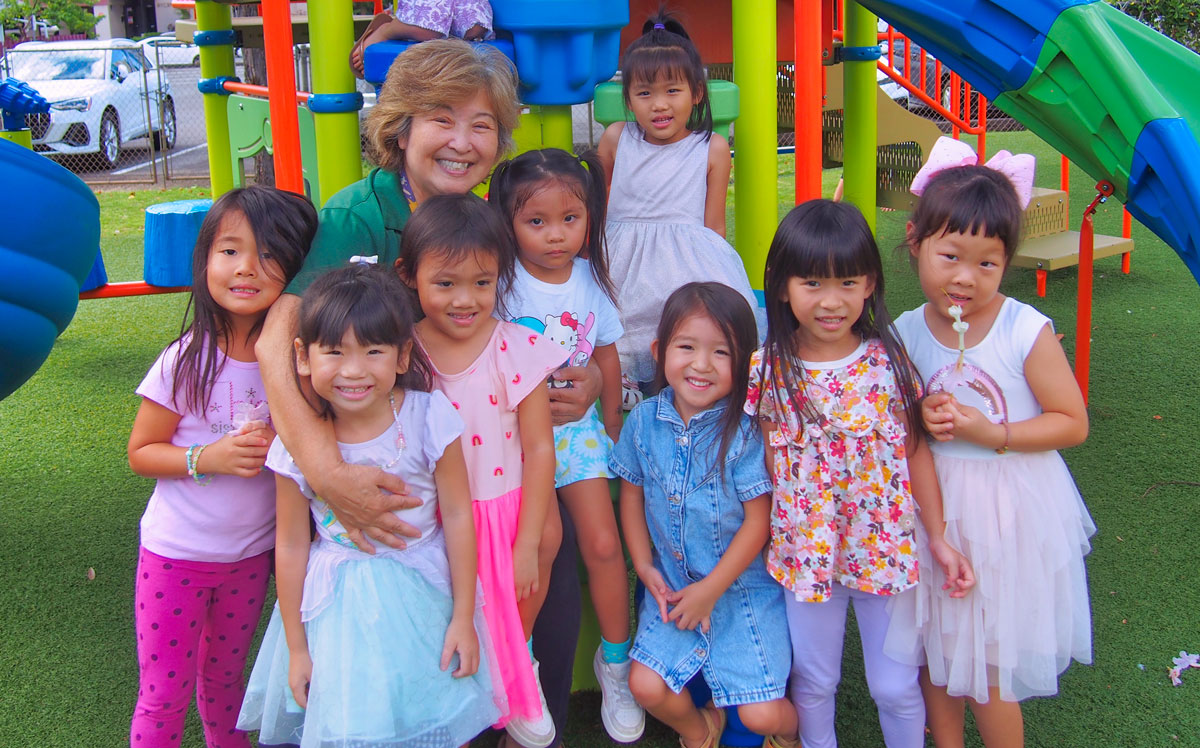 Makiki Christian Church Preschool Director Gwen and students Honolulu