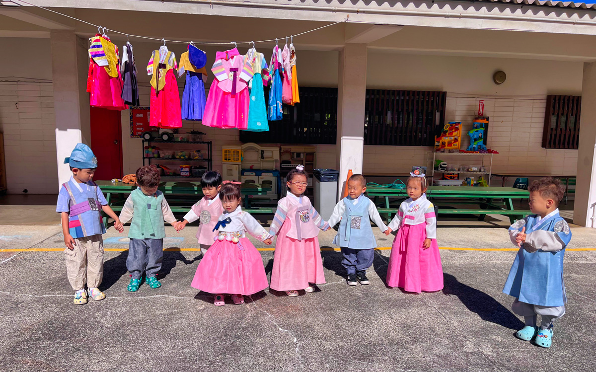 Makiki Christian Church Preschool Korean Culture Day Students wearing Korean traditional clothing hanbok, Honolulu